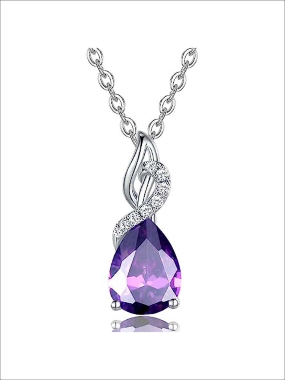 14K Solid White Gold Pear Birthstone Pendant Necklace for Women - Lab Grown